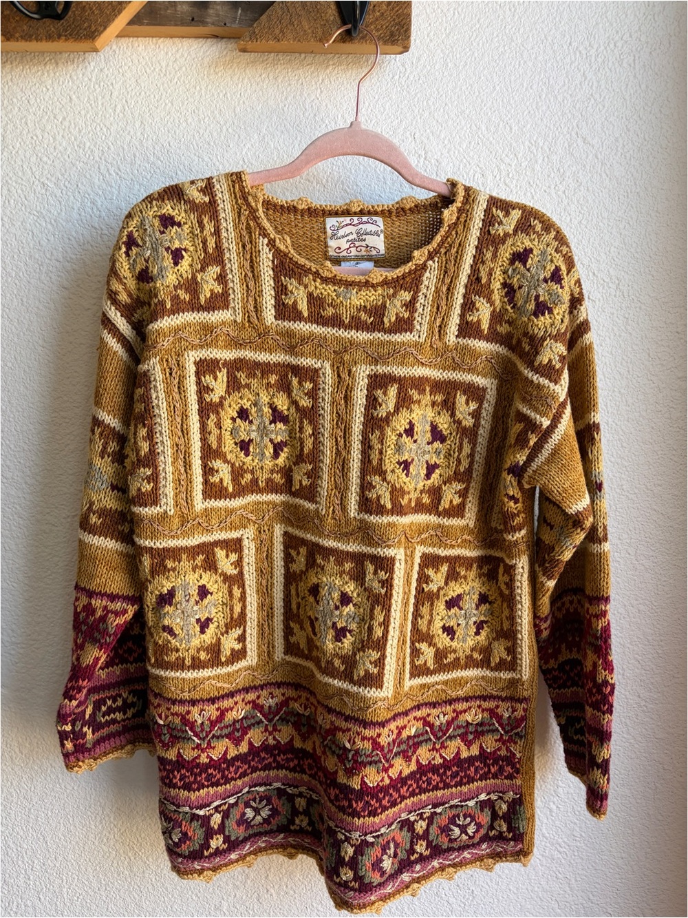Vintage 90s Heirloom Collectibles Gold Knit Cottagecore Patchwork Sweater P